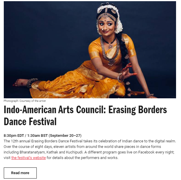 timeout.com - Indo-American Arts Council Presents a Virtual Erasing Borders Dance Festival